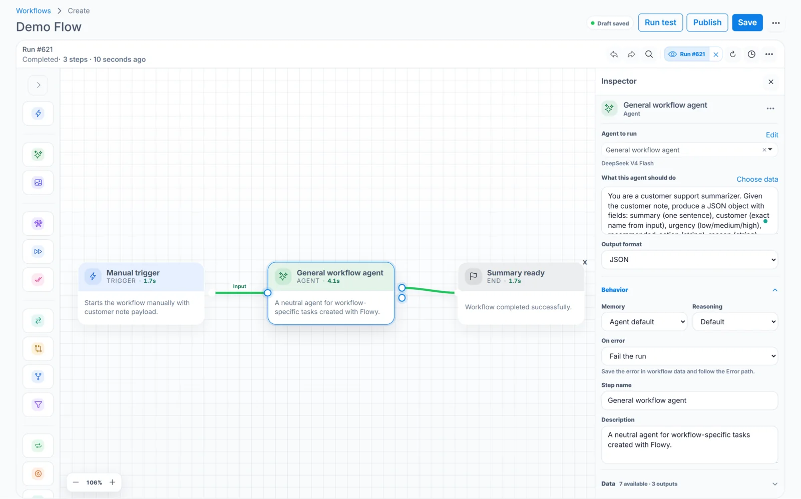 Testing an AI agent workflow in JustFlows JustFlows workflow test showing a completed AI agent step and its configuration in the builder inspector