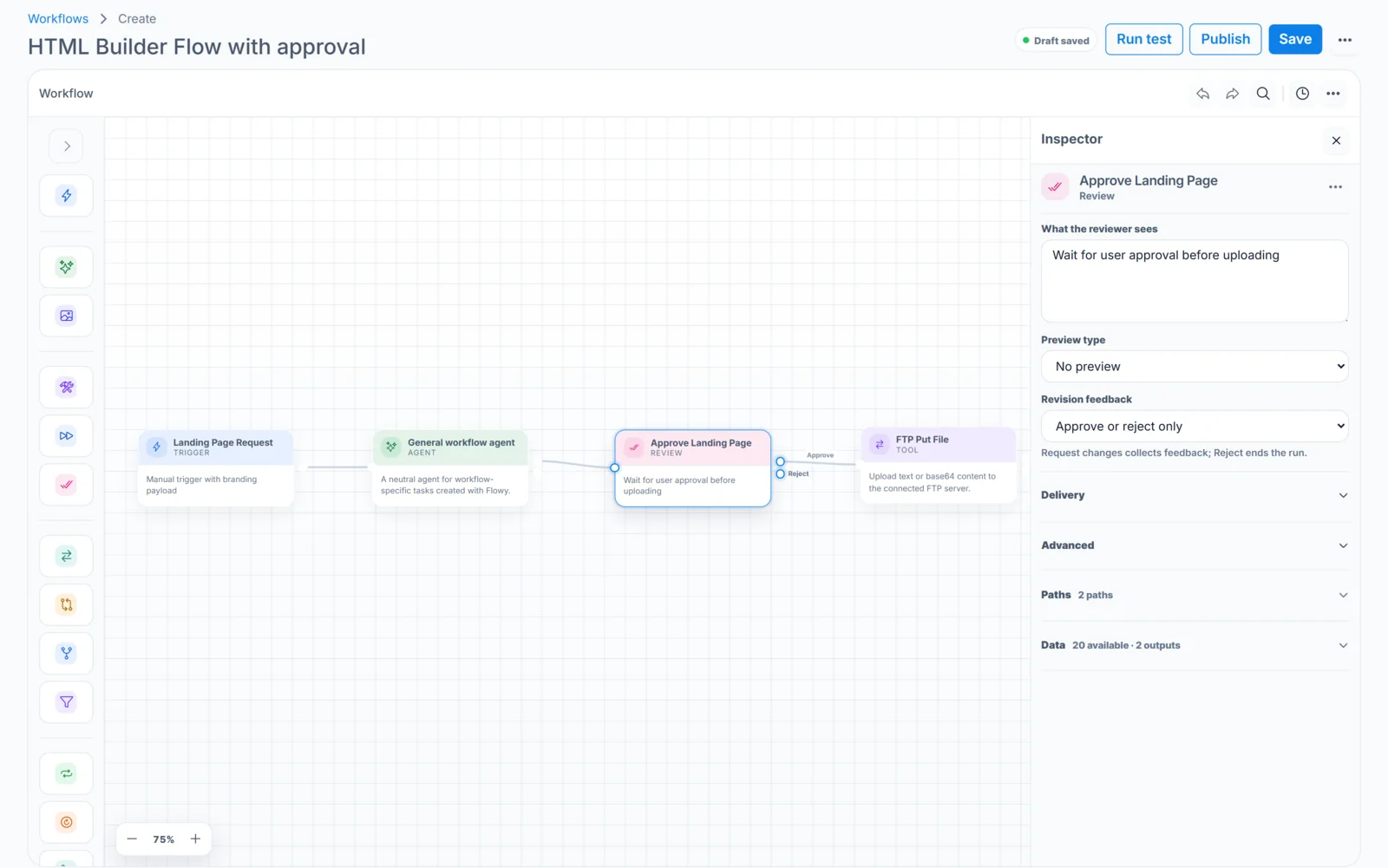JustFlows workflow builder showing the Approve Landing Page review step before an FTP upload