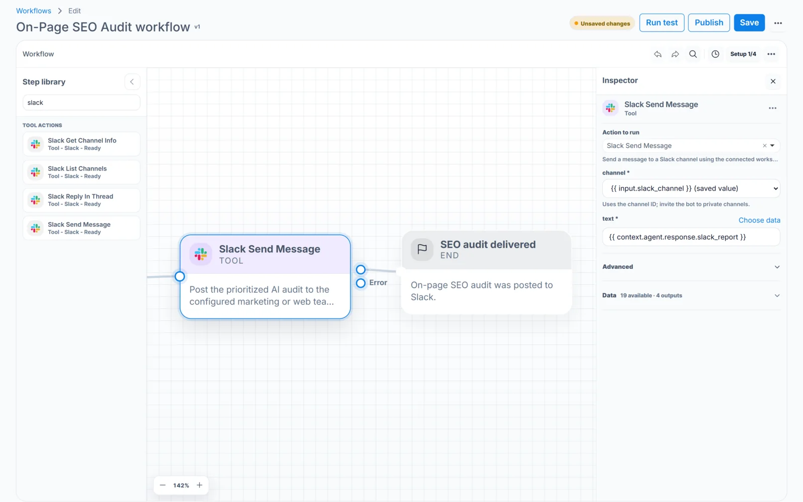 JustFlows workflow builder showing a Tool node configured with a workspace integration
