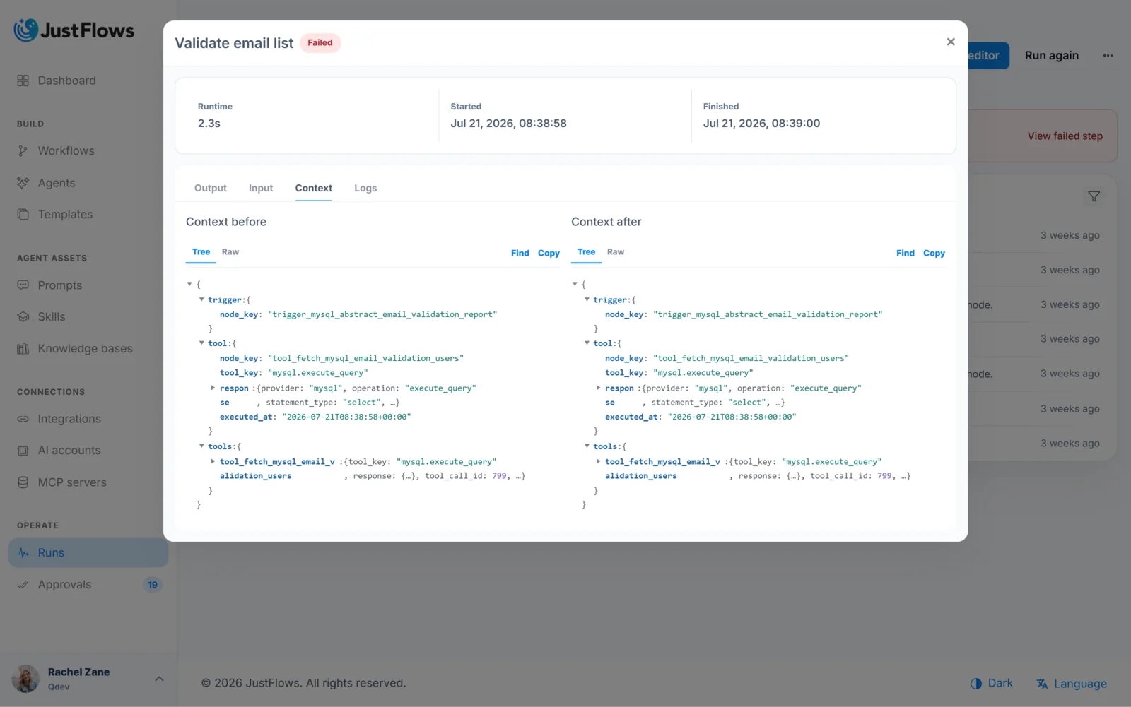 Inspecting failed workflow step details in JustFlows JustFlows failed step details showing runtime information and workflow context for debugging