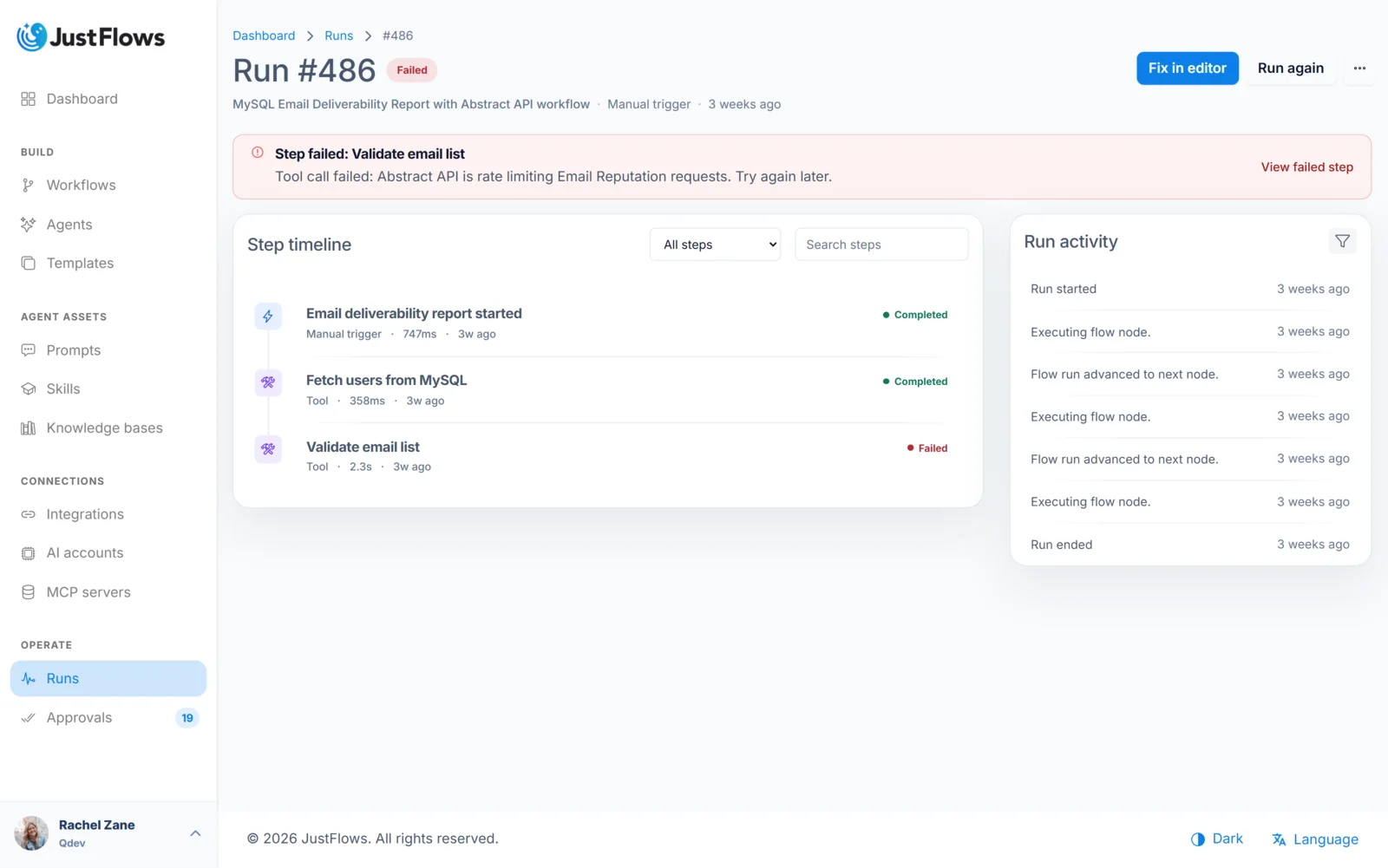Failed workflow run in JustFlows JustFlows failed workflow run showing an Abstract API rate-limit error and the failed validation step
