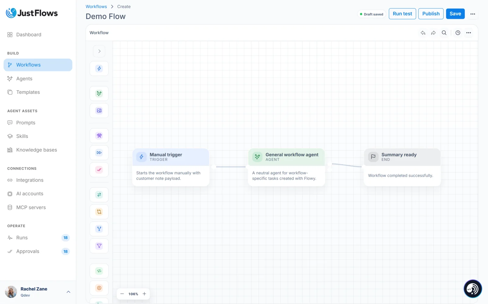 First AI workflow in the JustFlows builder JustFlows workflow builder showing a manual trigger, AI agent, and summary end node connected in a first workflow