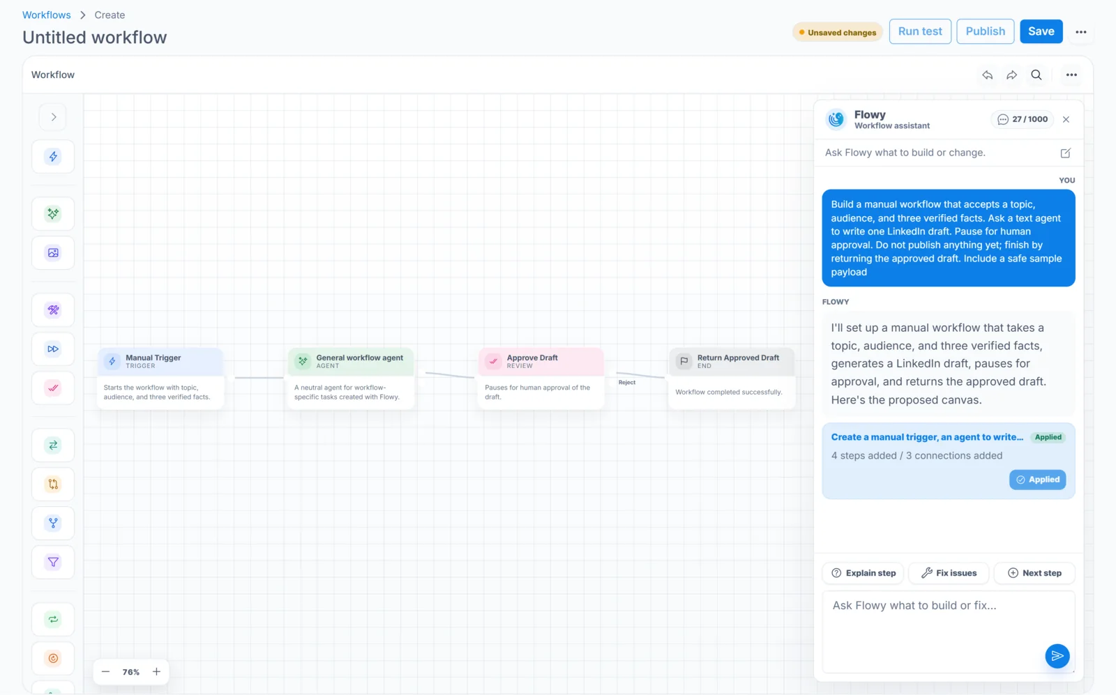 Workflow created with Flowy in JustFlows JustFlows workflow canvas after applying a Flowy AI workflow proposal