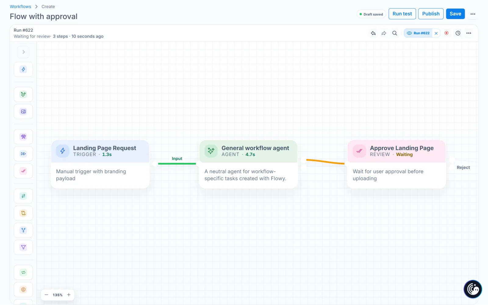 JustFlows landing page workflow with a request trigger, AI agent, and human approval before upload