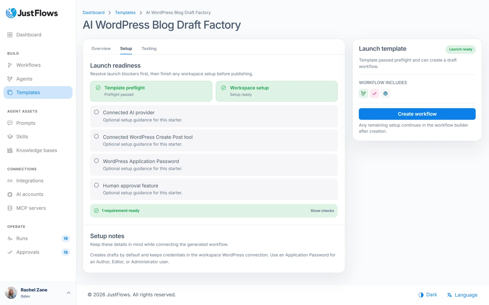 Template launch readiness in JustFlows JustFlows AI WordPress template showing launch readiness checks and the create workflow action