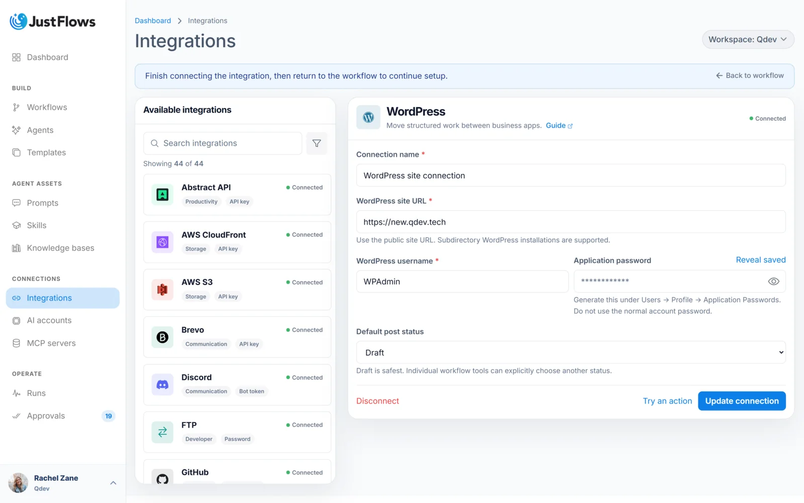 WordPress integration connection in JustFlows JustFlows WordPress integration configured with a site connection and Draft as the default post status
