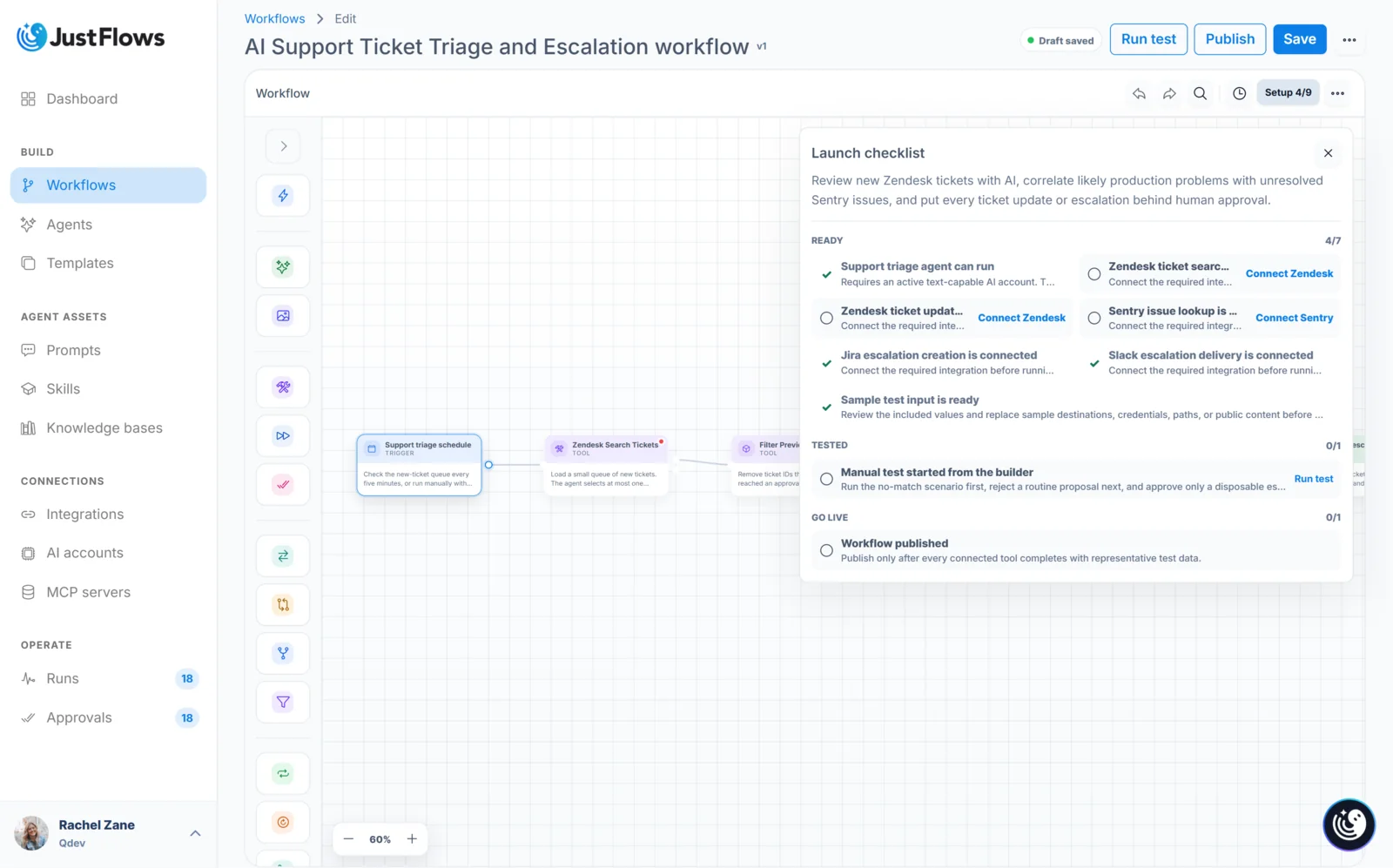 Workflow launch checklist in JustFlows JustFlows workflow builder showing a launch checklist with ready, testing, and go-live requirements