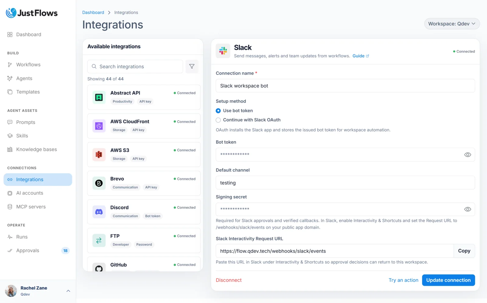JustFlows workspace integrations page for connecting and managing external apps